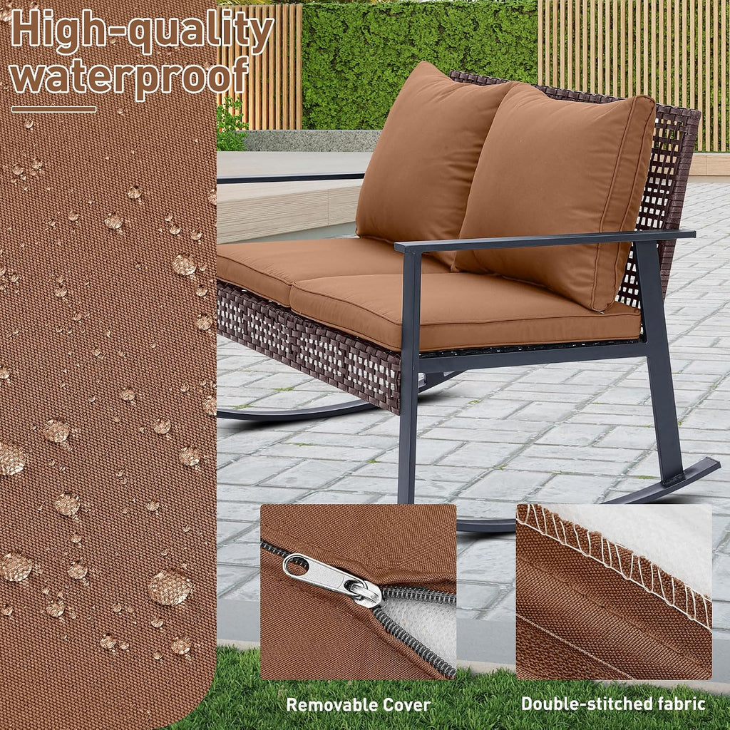 Outdoor Wicker Loveseat Rocking Chair, Patio Outdoor Furniture Conversation Sets, Rattan Rocker Chair with Cushions
