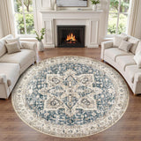 8' Round Area Rug Living Room Rugs - Washable Boho Rug Vintage Oriental Distressed Farmhouse Large T