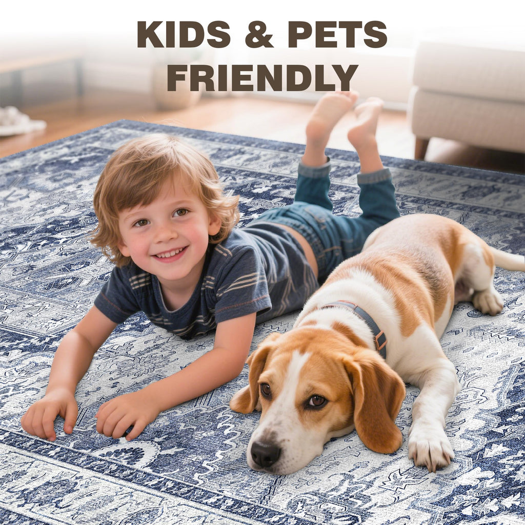 Washable 2.6x16 Runner Rug, Non Slip Long Hallway Runner Navy/Blue