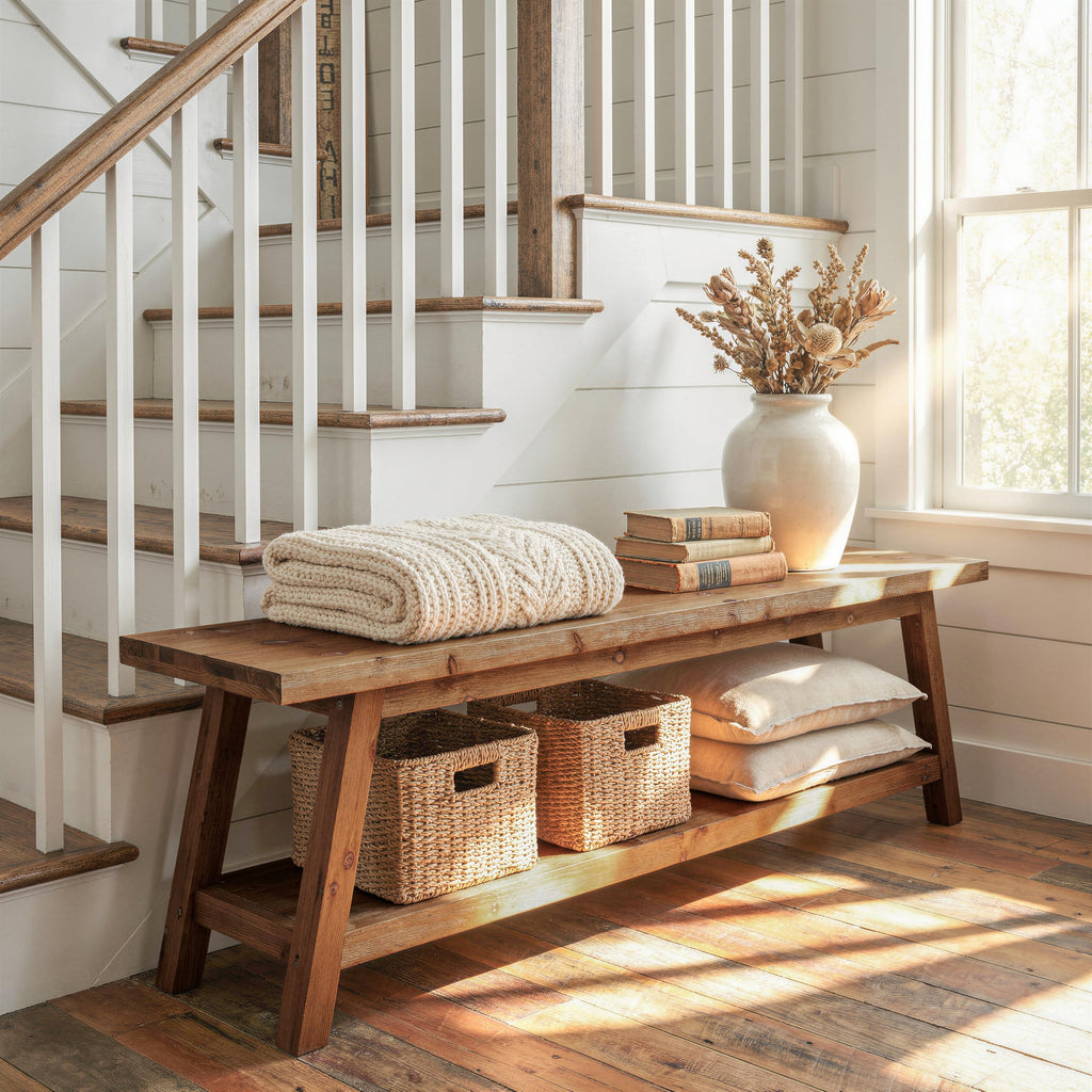 Solid Wood 63" End of Bed Bench with Storage Shelves, Rustic 62.99" L Foot of Bed Bench, Upholstered Seat & Open Shelf