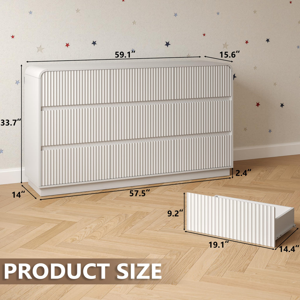 Dresser with 9 Drawers, Fluted Chest of Drawers with Round Curved Corner, Hidden Handles, Modern Wood Storage