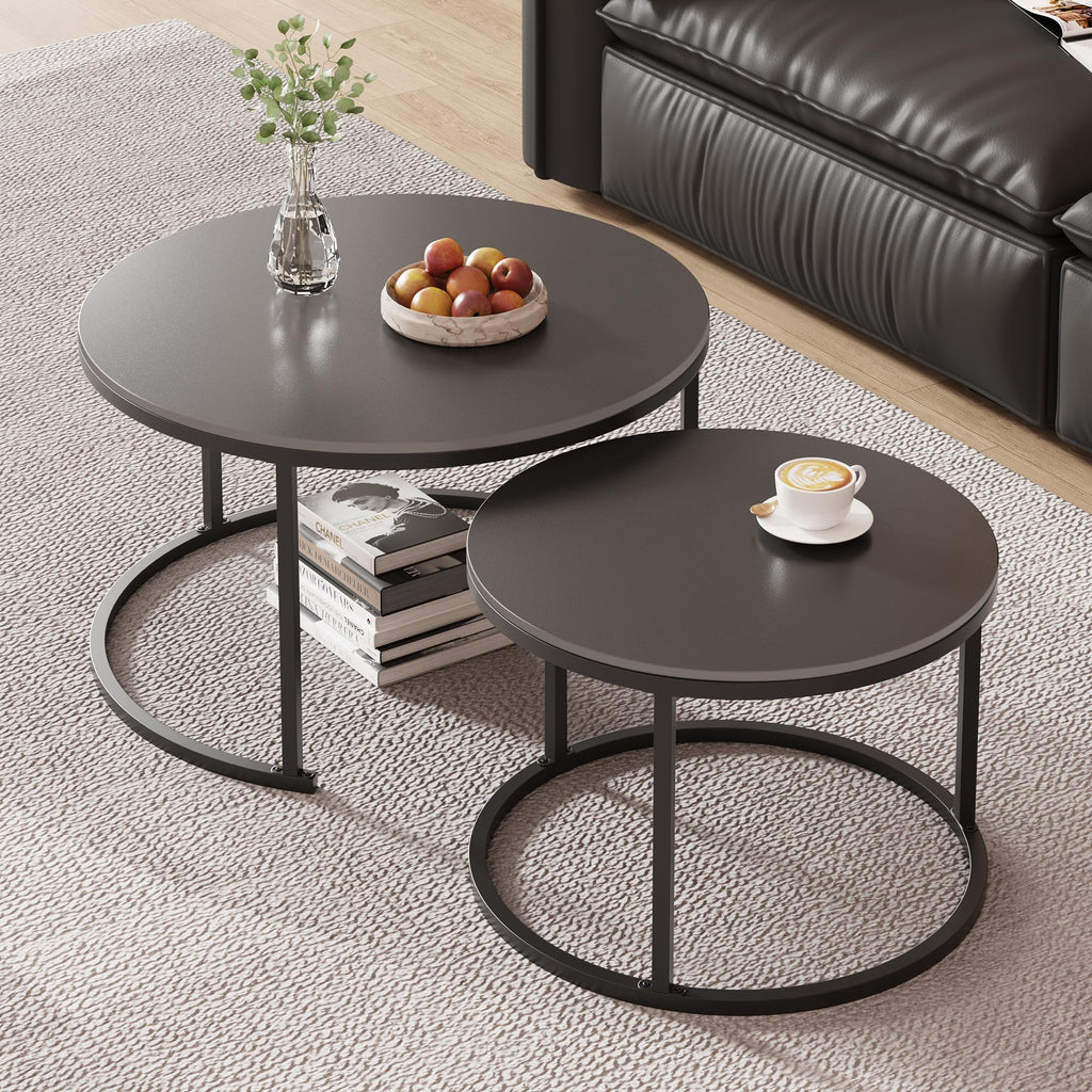 Round Nesting Coffee, Black Modern Decorative Coffee Center Set of 2, Round Sintered Stone 24'' Coffee with Sturdy