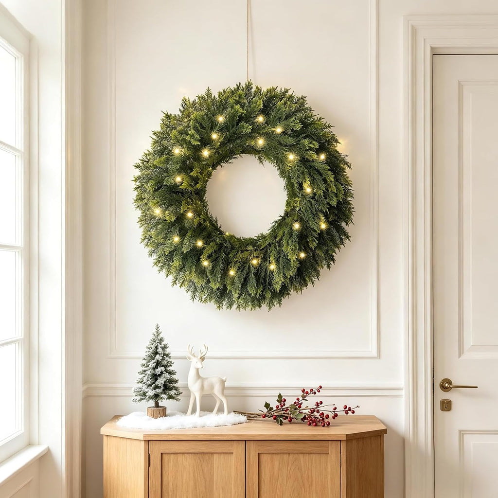 26 Inch Lighted Real Touch Christmas Cedar Wreath for Front Door | Artificial Greenery Foldable Wreath with Lights