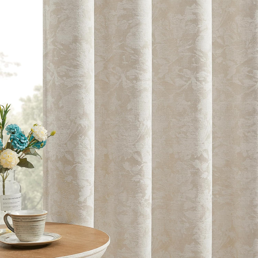 Beige Floral Jacquard Blackout Curtains 84 Inches Long 2 Panels for Bedroom Living Room Flower Chenille Room