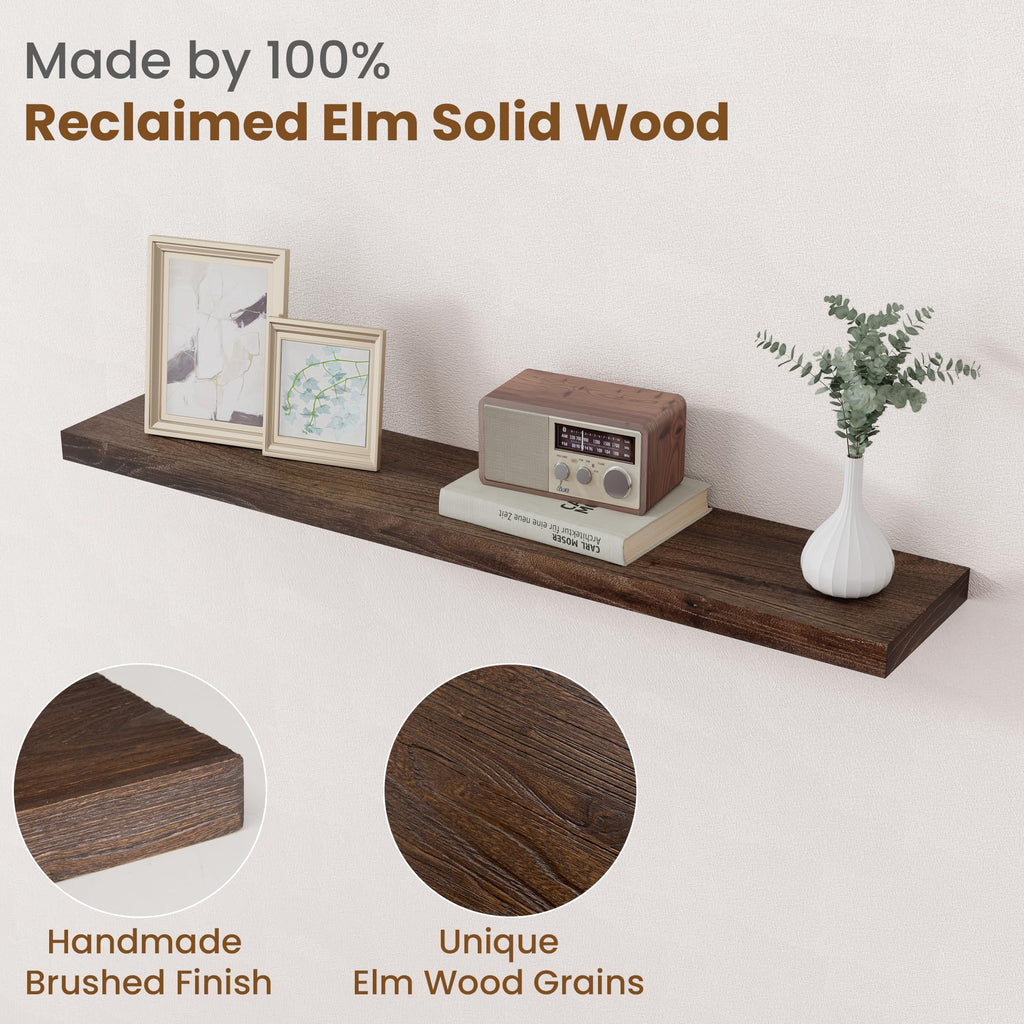 Floating Shelves for Wall, 8" Deep Elm Wood Shelves, 40in Set of 1, Walnut