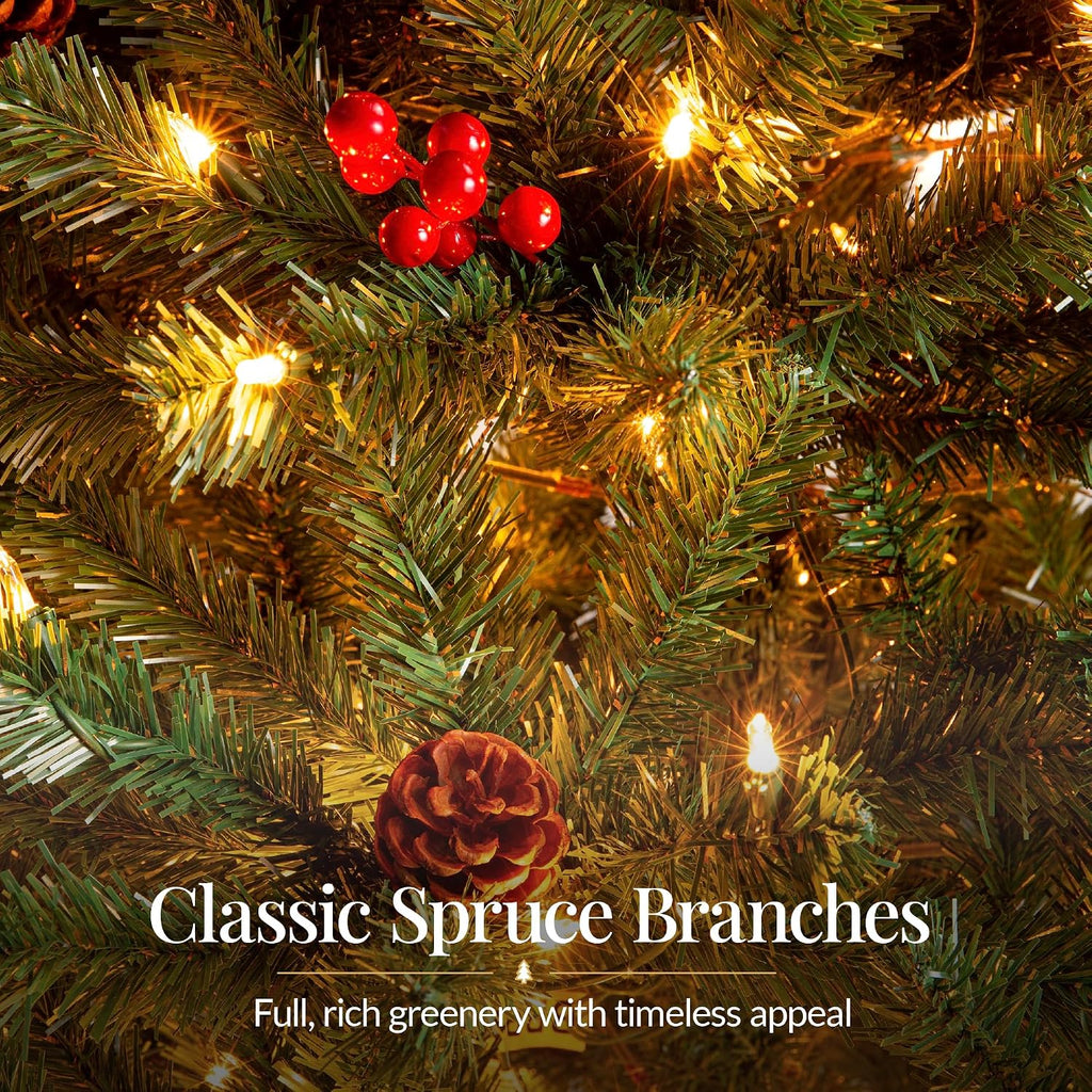 Pre-Lit Pre-Decorated Artificial Christmas Tree Spruce w/Twinkling LEDs Pinecones, Berries, 900 Lights, w/ 2,128