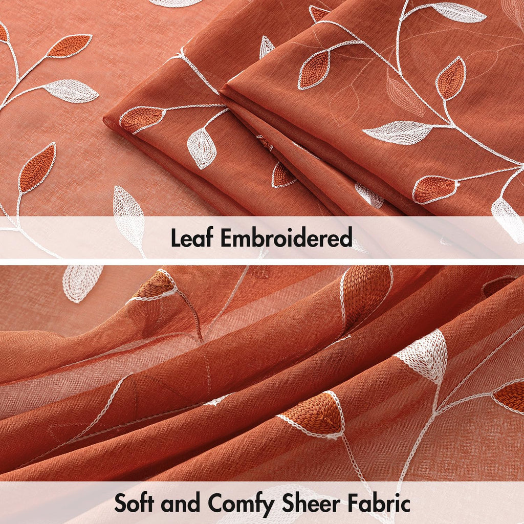 Burnt Orange Sheer Fall Curtains 2 Panels Leaf Patterned, W52 x L45