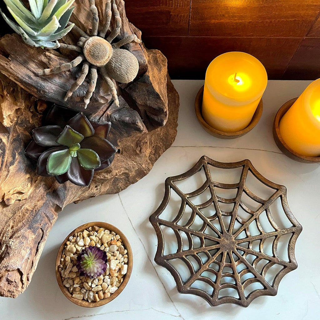 Cast Iron Trivet, Spider Web 8 Inch Bronze Gothic Hot Pad