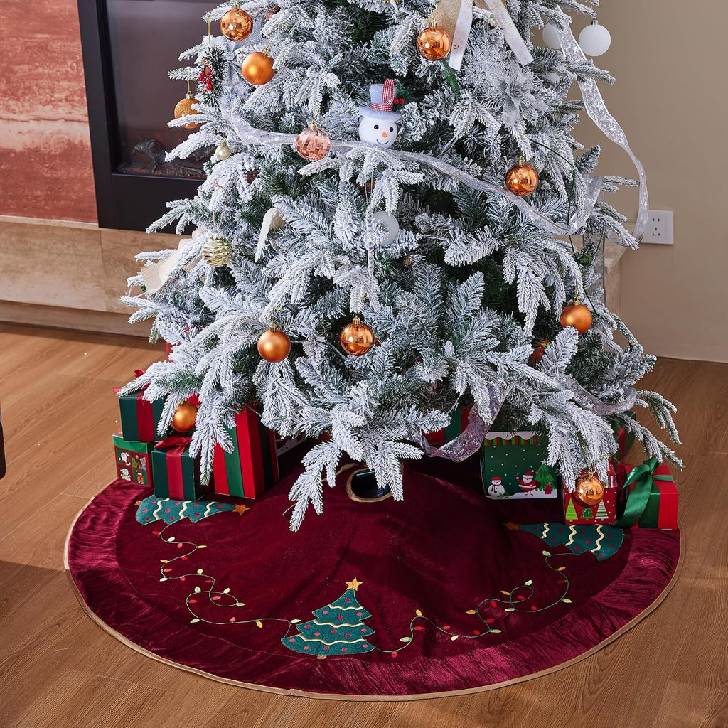 X.Sem Christmas Tree Embroidered Velvet Christmas Tree Skirt with Pleat Velvet Border 50'' Dark Red (Dark Red, 50