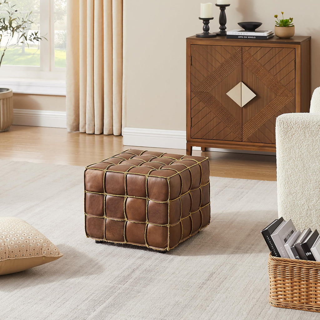Tufted Square Ottoman Leather Footstool Modern Foot Rest Cognac