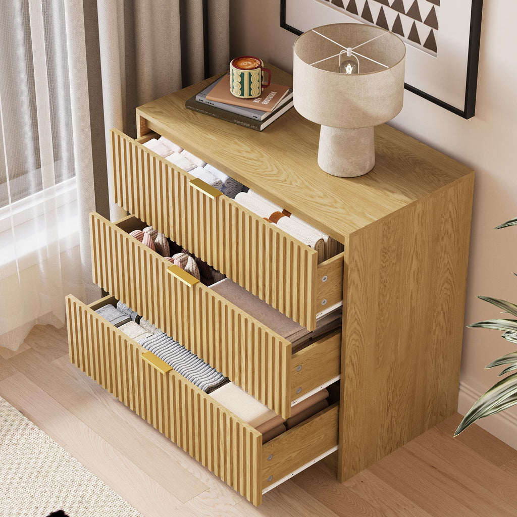 Fluted 3-Drawer Nightstand, 32"Wide Dresser, Natural