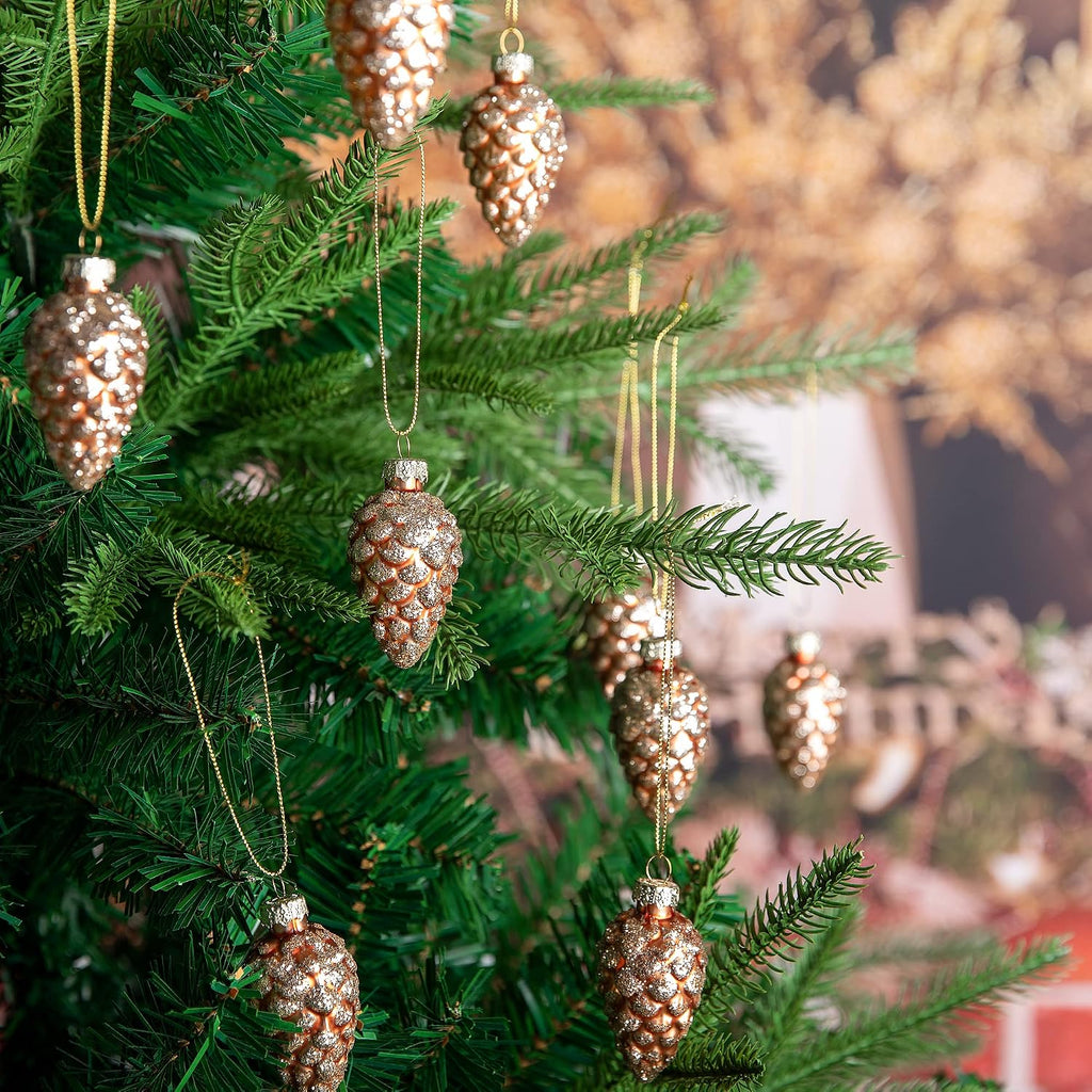 Christmas Pinecone Glass Hanging Ornaments, Xmas Tree Pinecone Decor - Set of 12