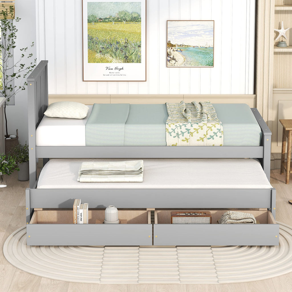 Twin Size Platform Bed with Trundle and Drawers, Wood Twin Platform Bed Frame, Twin Daybed with Trundle & Drawers