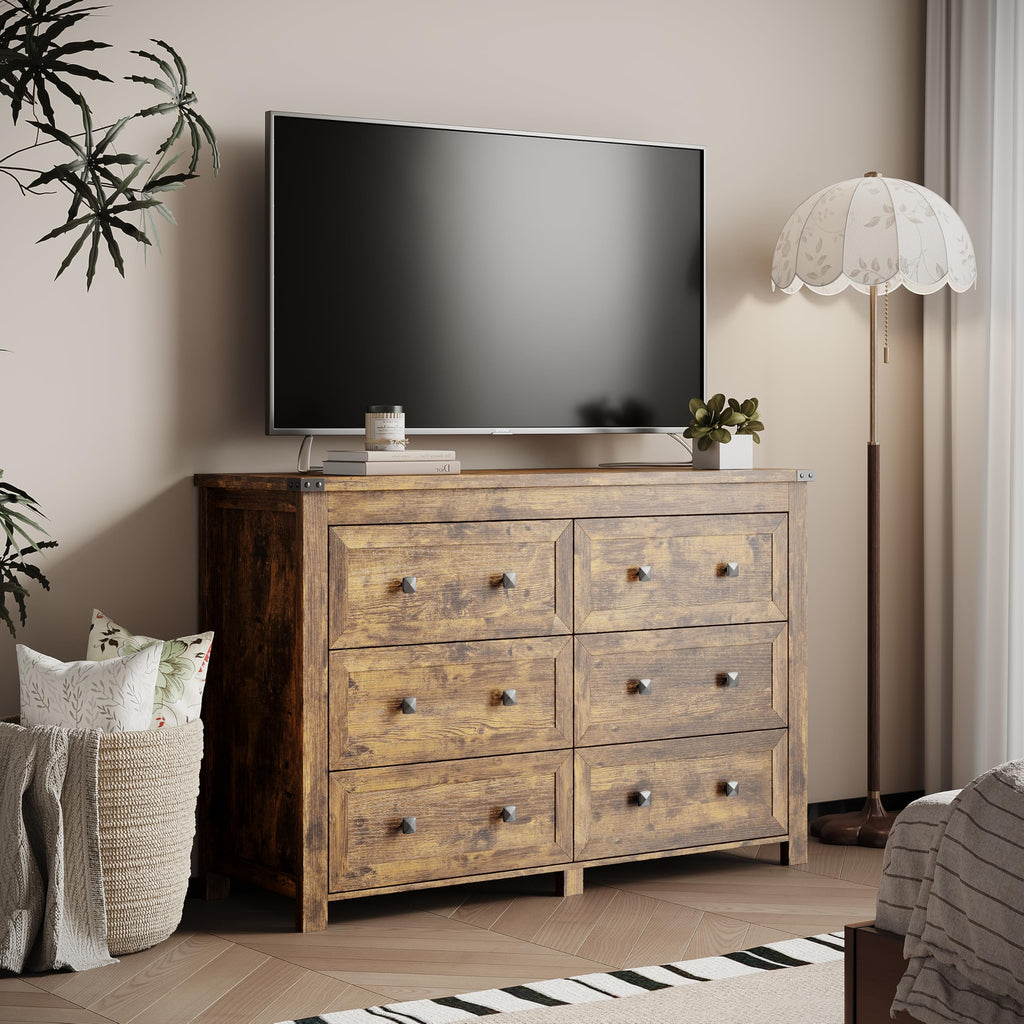 47.2" Wide 6-Drawer Farmhouse Dresser, Brown