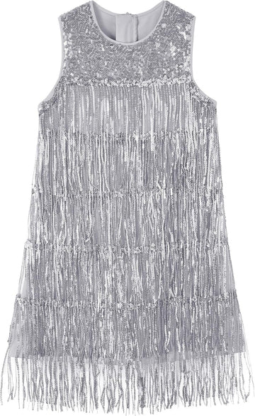 Girls Sequin Fringe Dress Sparkling Tassel Vintage Party Dress Sleeveless Kids 20s Flapper Dresses