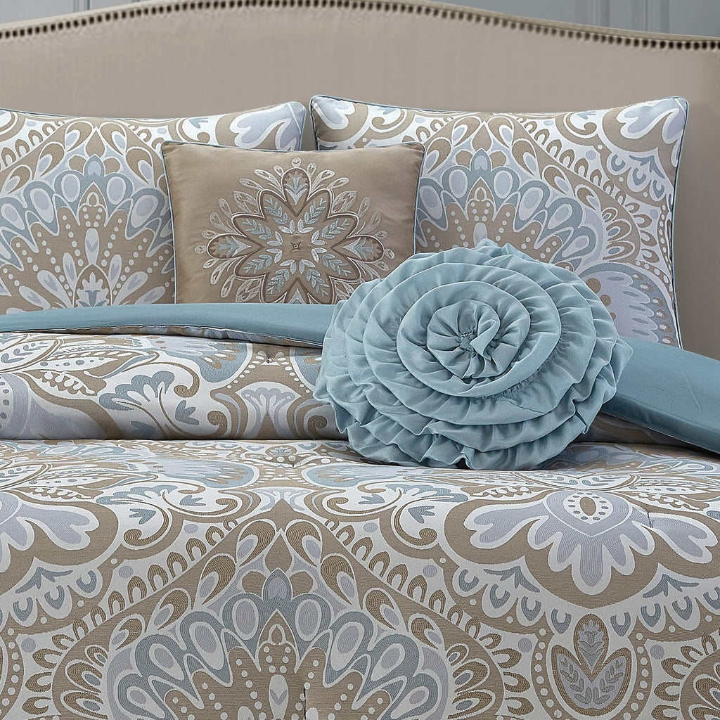 Blue Gold 6 Piece Comforter Set, King, Elegant Floral Jacquard, Ultra Soft Bed Set for All Seasons, Bed in a Bag