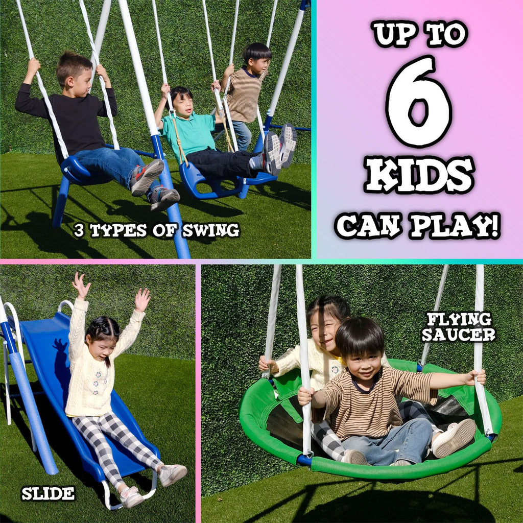 TSC Malibu Swing Set for Kids, Outdoor Metal Playset with 5ft Slide, 38" Saucer, Surfboard Swing, Standing &