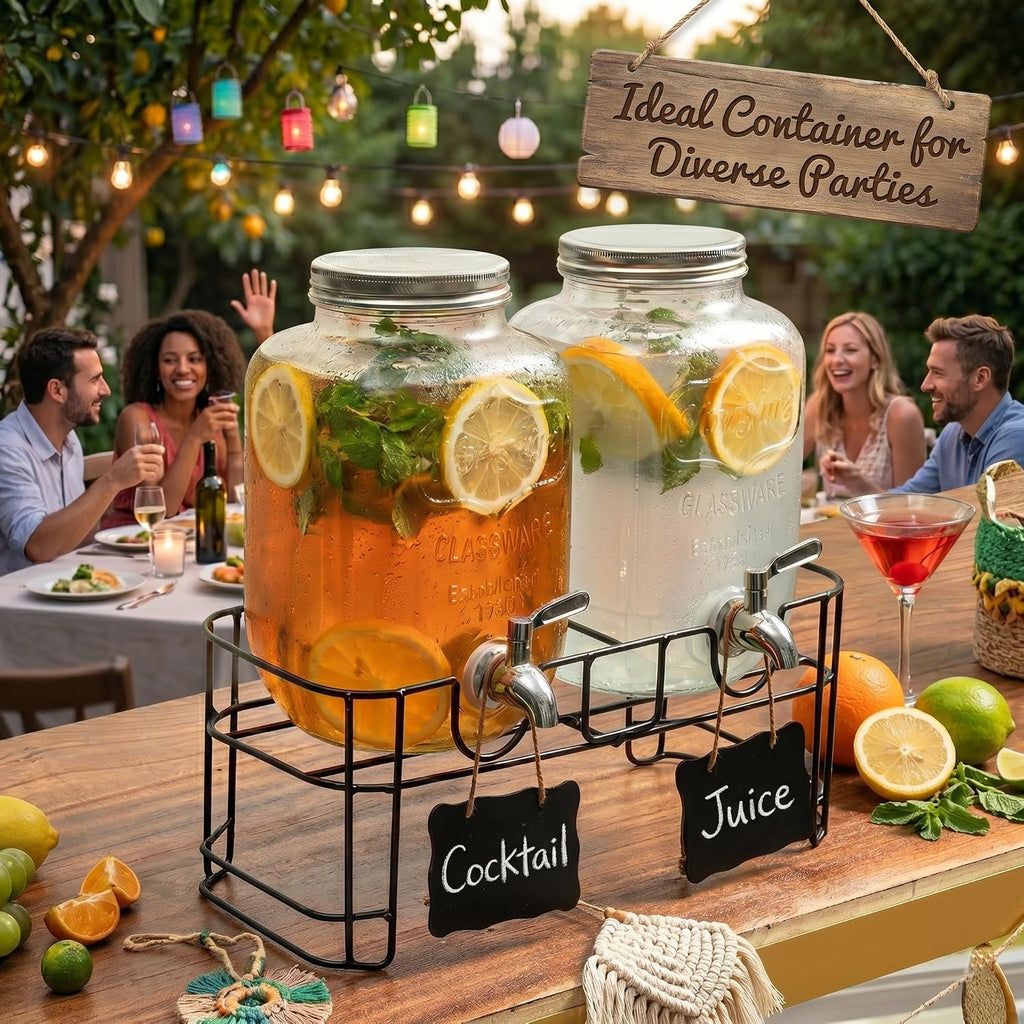 2-Pack 1-Gallon with Heavy-Duty Wire Stand - 304 Stainless Steel Spigot & Mixing Spoon - 100% Leakproof Mason Jar - Set of 2