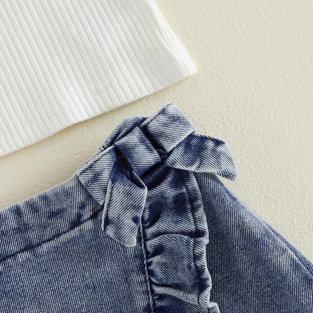 Toddler Baby Girl Summer Outfits Sleeveless Lapel Collar Ribbed Tank Tops Ruffle Jean Skirt Set Cute Clothes
