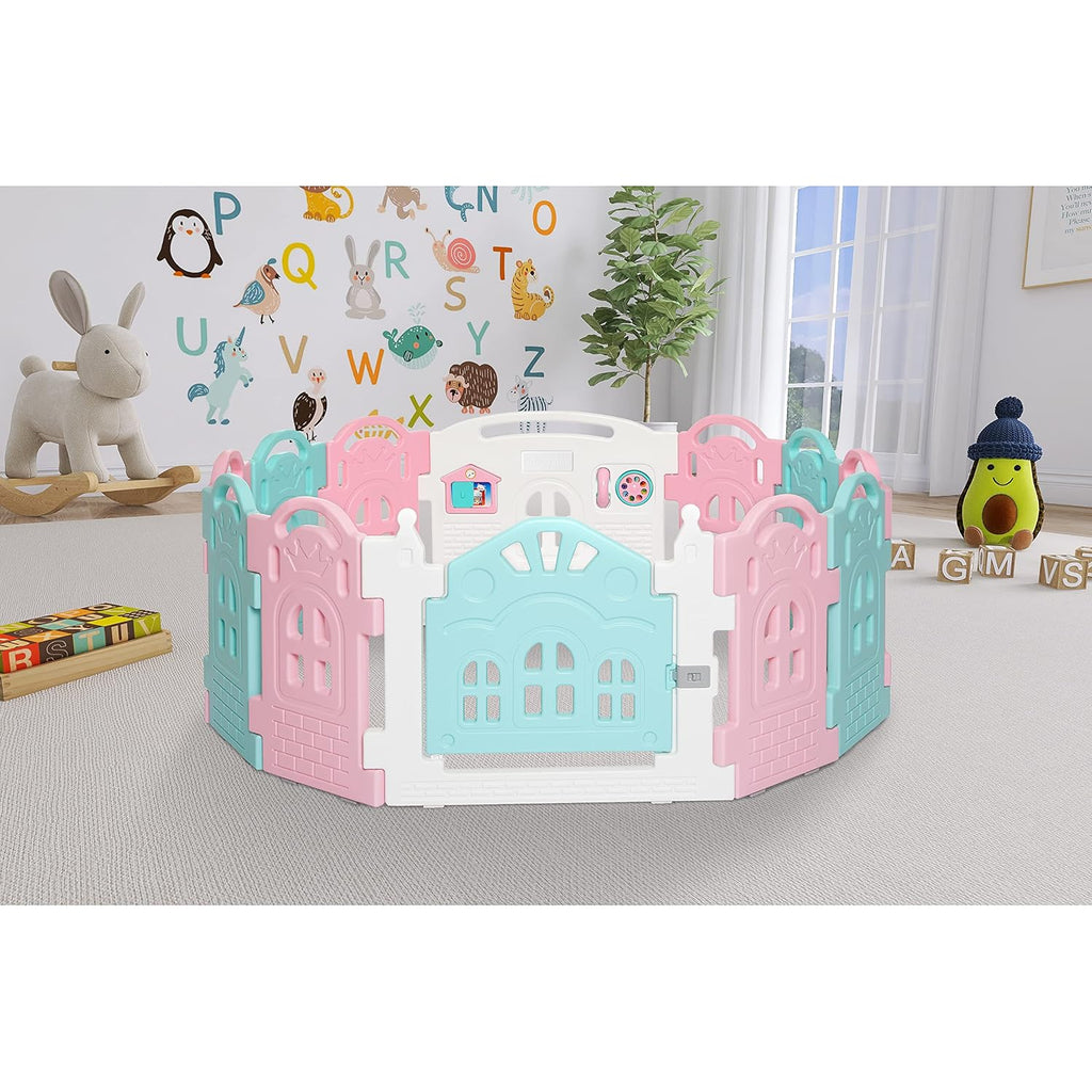 12 Panel Rumi Baby Playpen in Pink and Blue, Easy to Fold and Store, Fun Game Panel, Indoor and Outdoor Playpen for