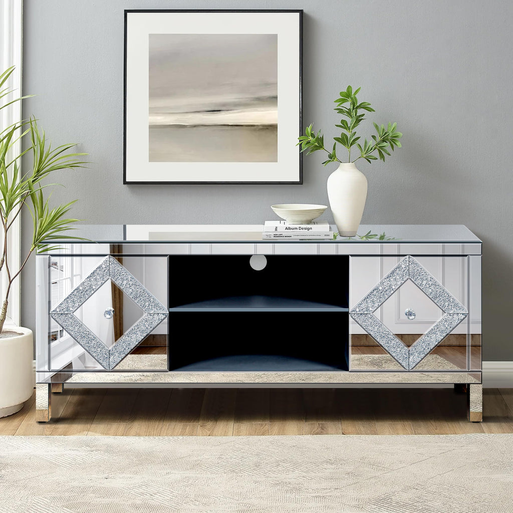 59" Mirrored TV Stand with Open Storage & 2 Storage Cabinets, Luxury Mirror Entertainment Center with Diamond