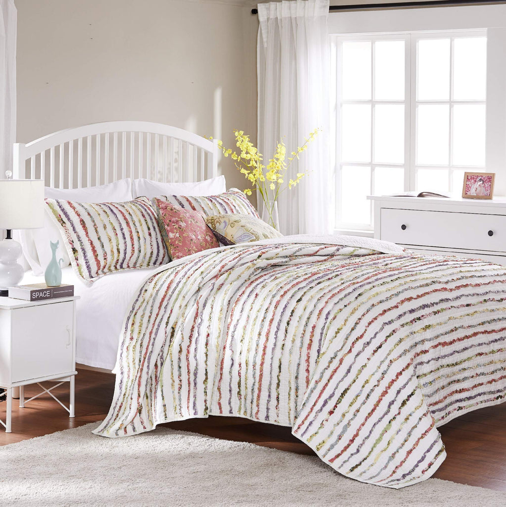 Home Bella Ruffle 100% Cotton Multi-Fabric Ruffled Quilt Set, 5-Piece, Multicolor