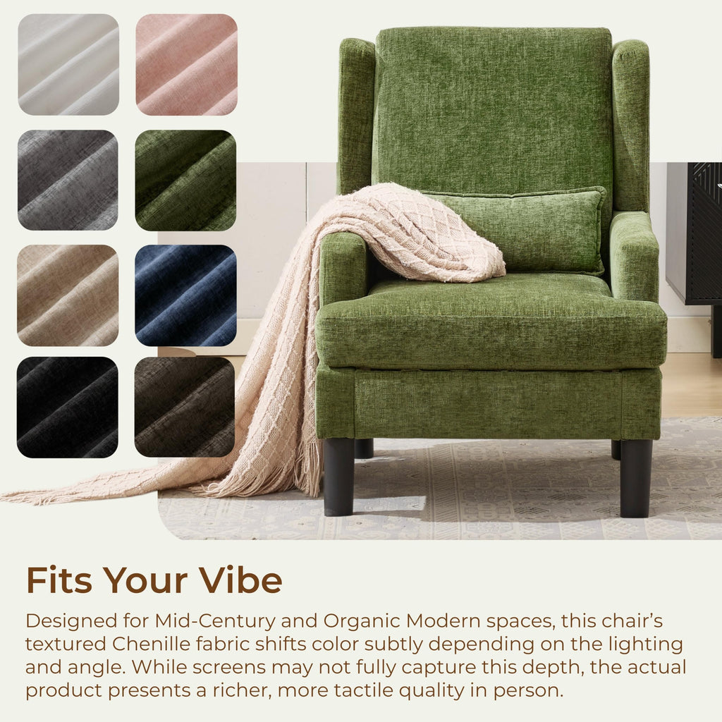 Wingback Accent Chair, Mid-Century Modern Reading Chair, Modern Chenille Upholstered Comfy Armchair with High Back