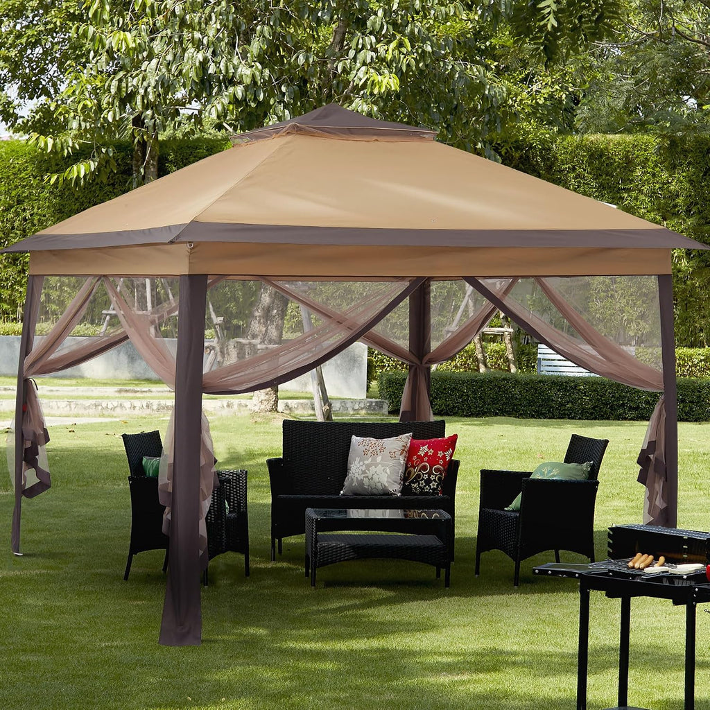 11x11 Pop Up Canopy Tent, Outdoor Canopy with Netting, Outdoor Gazebo Tent with Handbag, Brown.