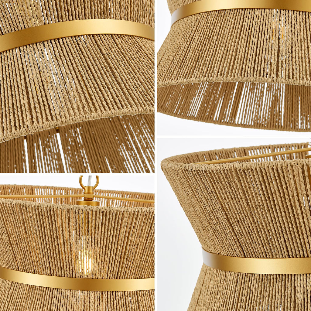 18" Hand Woven Rattan Boho Chandelier Brass Ajustable Pendant Light Island Living Room Bedroom Hallway, UL Listed