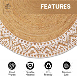 Premium Natural Jute Braided Area Rug, 6-feet Round, White Printed Border, Stain Resistance, Natural