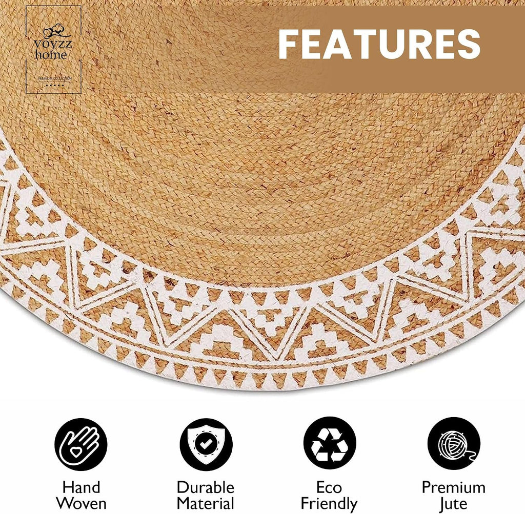 Premium Natural Jute Braided Area Rug, 6-feet Round, White Printed Border, Stain Resistance, Natural Handmade Rug s