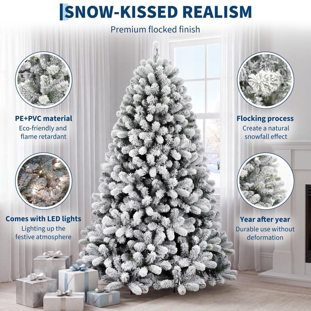 7.5ft Pre-Lit Snow Flocked Christmas Tree, Spruce Artificial Hinged Tree