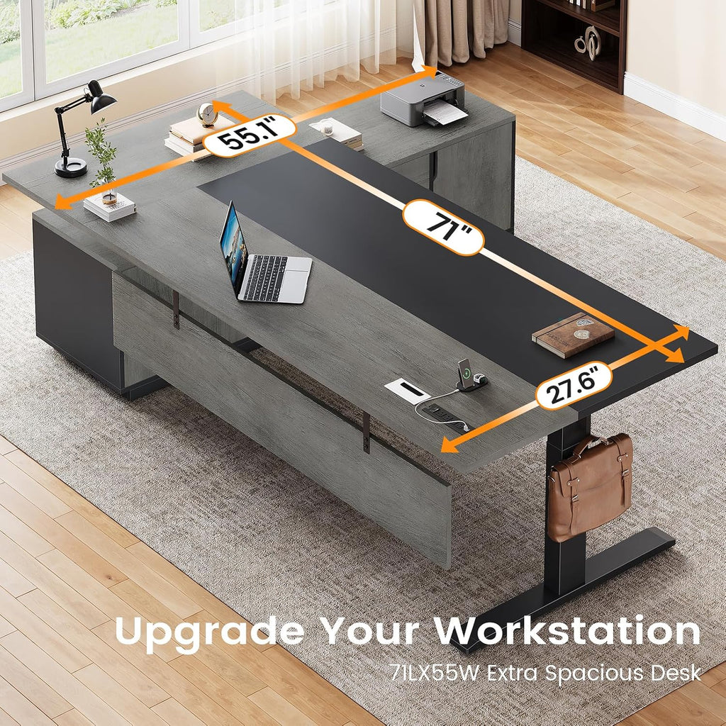 71" Executive Large L Shaped Electric Standing Desk, Grey | Height Adjustable Executive Desk with 3 Drawers and