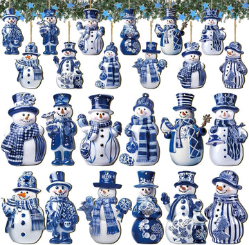 Blue and White Christmas Porcelain Snowman Ornaments for Tree Blue and White Porcelain Christmas Decoration - Set of 36