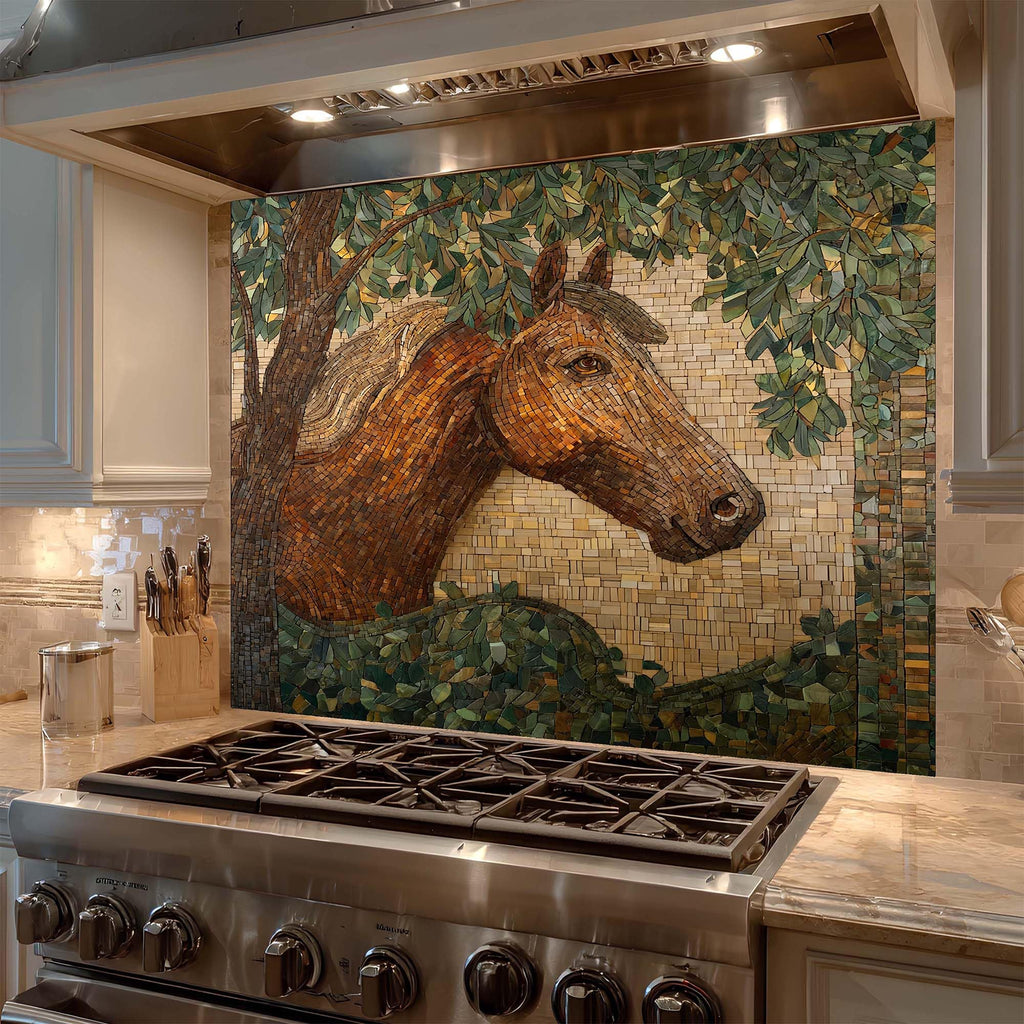 Tempered Glass Backsplash, Mosaic Look Horse Glass Backsplash, Kitchen Backsplash Behind Stove, Backsplash Wall, Easy