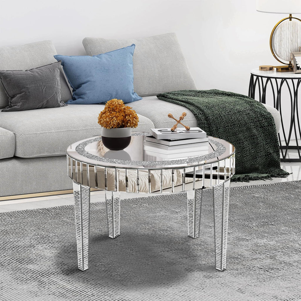 Silver Mirrored Coffee Table with Crystal Inlay, Round Glass Tea Table with Mirrored Finish, Modern Center Table