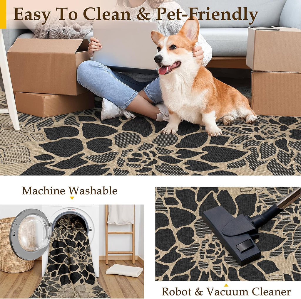 Black Easy Jute Outdoor Rug Floral Farmhouse Carpet