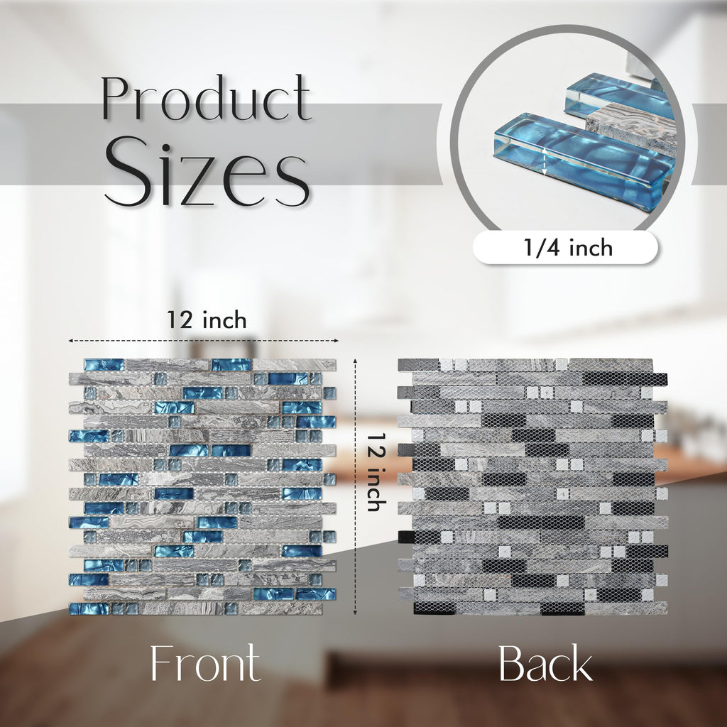 Gray Marble Tile Backsplash 12 in. x 12 in. x 8 mm Teal Blue Glass Mosaic Bathroom Shower Wall Linear Tiles (Pack of