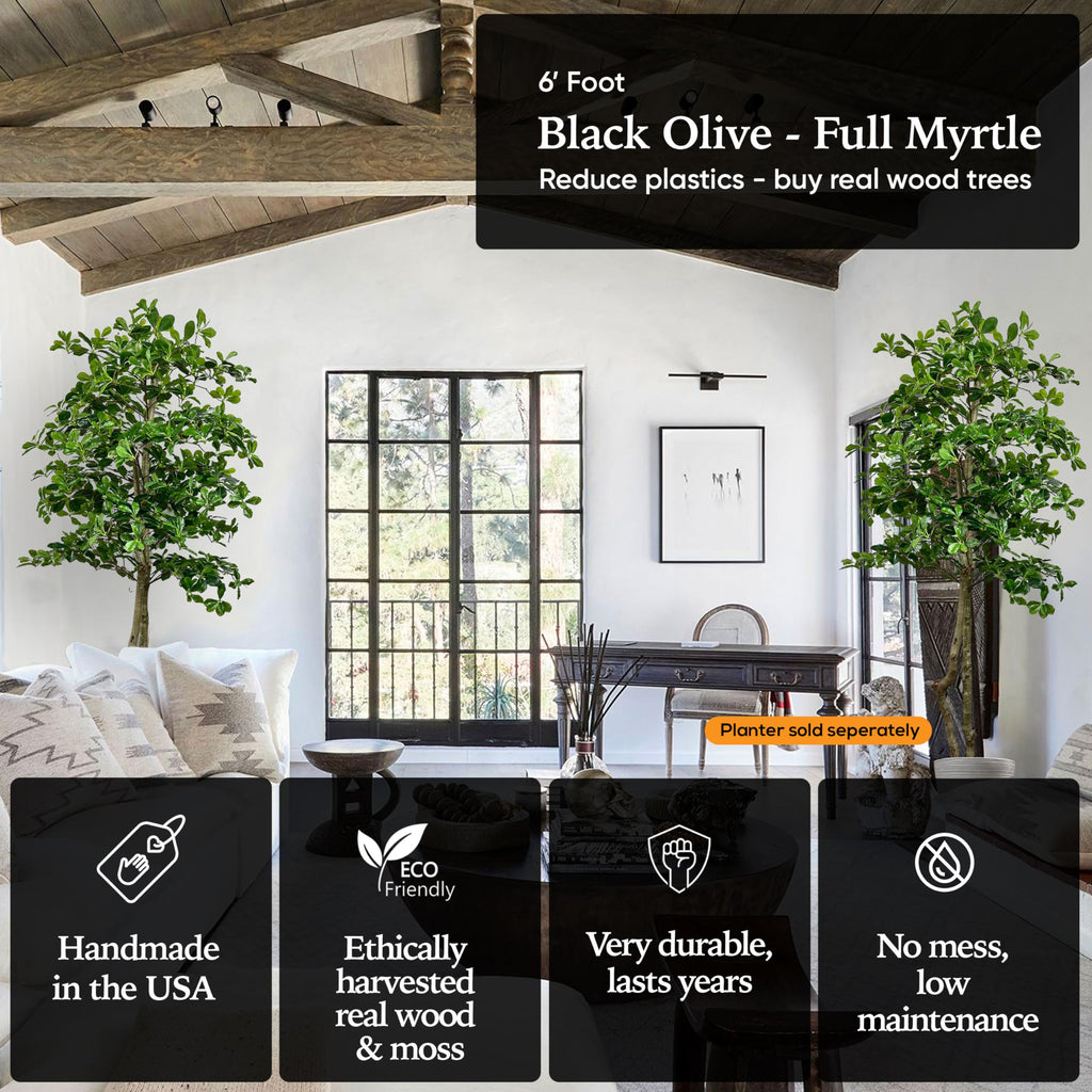 Handmade 6ft Italian Black Olive Leaf Artificial Tree with Ethically Sourced Real Wood Trunks, Hypoallergenic
