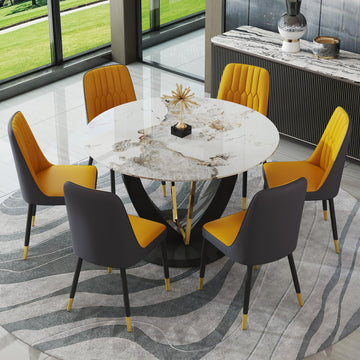 Round Dining Table Set for 6 with Chairs, 48" Kitchen Table and Chairs Set of 6 with Marble Pattern Tabletop and PU