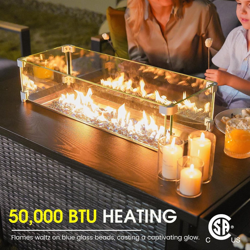 52 Inch Outdoor Rectangular Fire Pit Table, 50,000 BTU Propane Fire Pit with Glass Wind Guard and Sliding Tank