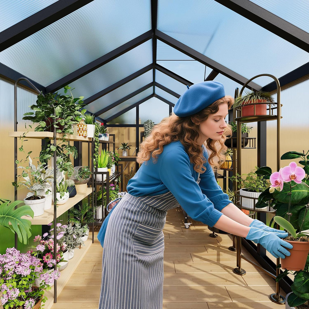 8x10ft Walk-in Greenhouse, Heavy Duty Large Outdoor Green House | Polycarbonate Garden Greenhouse with Roof Vent