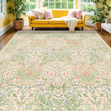 Vintage Washable Beige Green 10x14 Rug - Extra Large Area Rug Under Table, Soft Low Pile Carpet - Victorian Forest