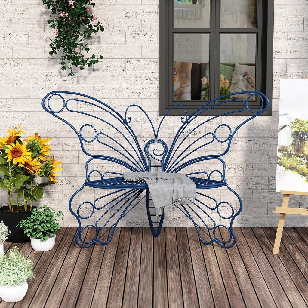 50 Inches Outdoor Bench, Garden Bench with Sturdy Iron Metal Frame, Pretty Butterfly Bench Front Porch Bench for