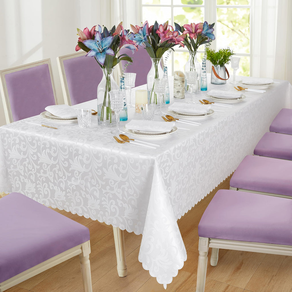 Wave Scroll Damask Jacquard Rectangle White Tablecloth 60" 120", Wipeable Table Cover for Dining Table, Buffet Parties
