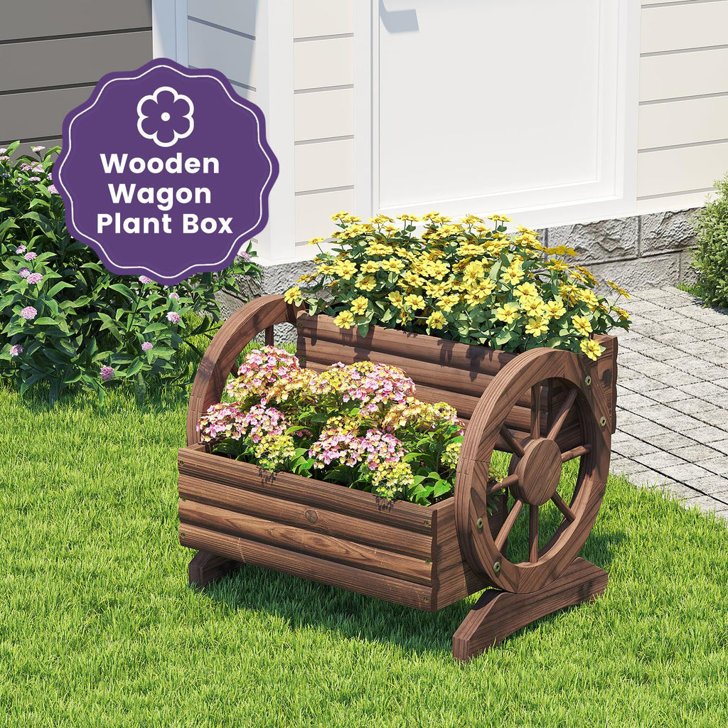 Wooden Wagon Planter Flower Cart Farm Stand Garden Decor Planter for Outdoor Patio Balcony Decoration, Rustic