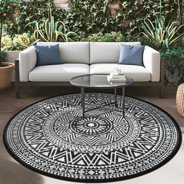 Outdoor Rug Waterproof 5ft Round, Reversible Boho Plastic Straw Patio Camping Area Rugs, Portable Indoor Outdoor RV