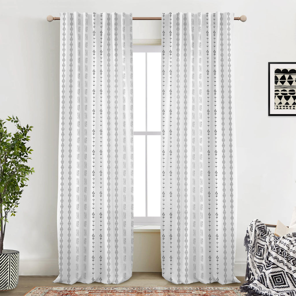 Black and White Boho Sheer Curtains Living Room, Modern Farmhouse Light Filtering Linen Aztec Floral Design Pattern
