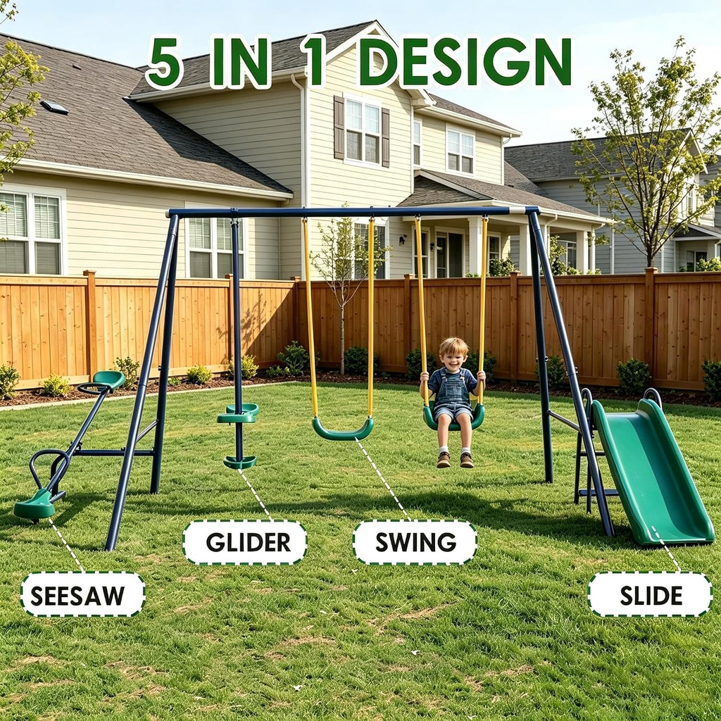 5 in 1 Swing Set for Kids Backyard, Heavy Duty A-Frame Metal Swing Sets with Slide Seesaw Glider Bench Swing Outdoor
