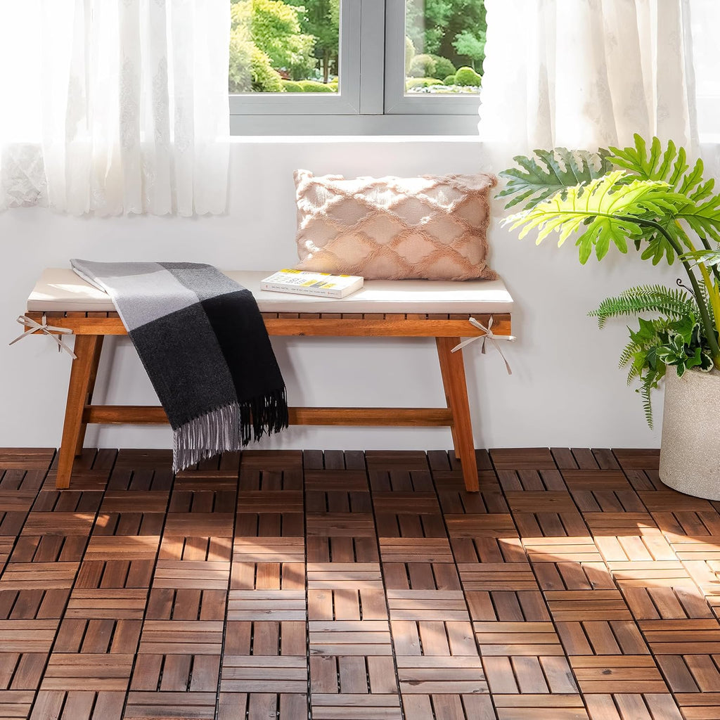 Natural Acacia 12x12 Interlocking Wood Deck Tiles for Balcony, Garden, Patio, Poolside Decor - Waterproof Indoor &